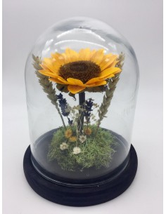 Cúpula cristal con girasoles preservados y flores preservadas de la mas  alta calidad. Hecho por floristas en España.